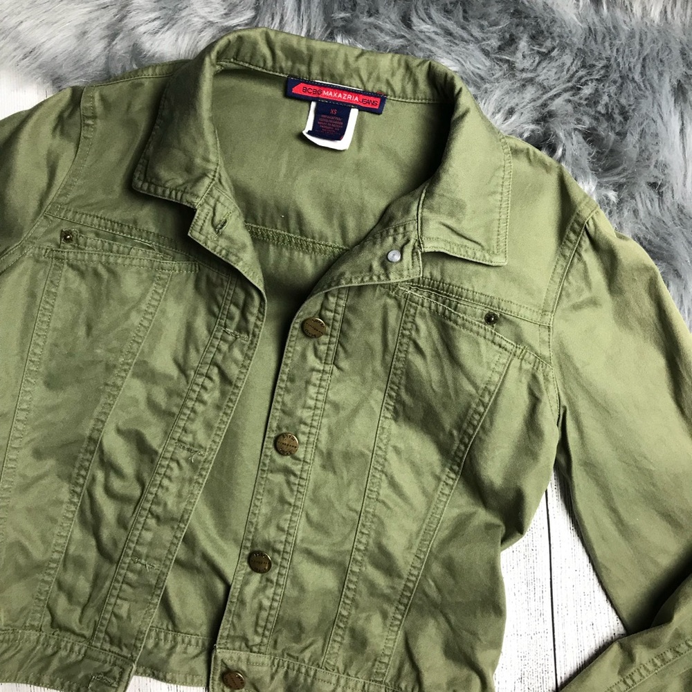 BCBGMAXAZRIA Army Green Crop Utility Jean Jacket